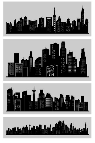 城市剪影黑白简约建筑城市生活大厦高层公寓矢量图